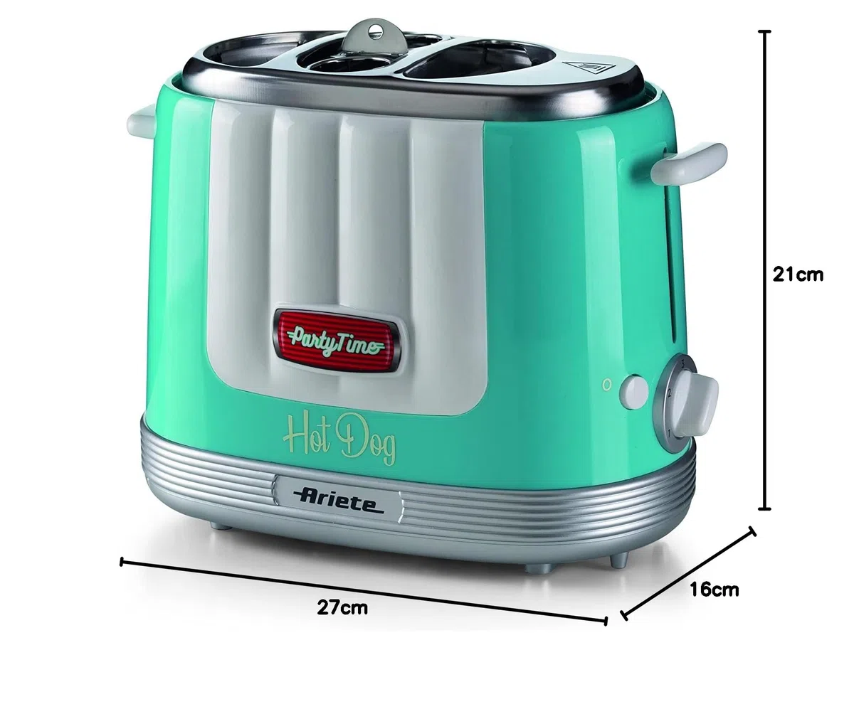 Ariete 206 Hot Dog Maker Party Time, Macchina per fare hot dog, 650 W, 5 livelli di cottura, 4 spazi di cottura, Espulsione automatica, Azzurro