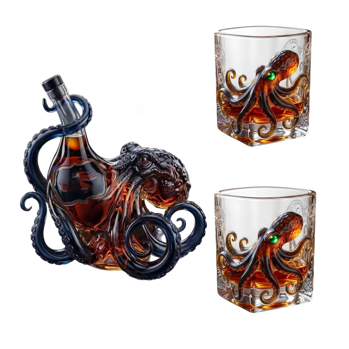 Set Whisky Polpo 3D | Decanter con 2 Bicchieri, Caraffa per Whisky Rum Bourbon Cocktail, Idea Regalo Originale per Uomini e Appassionati di Bar