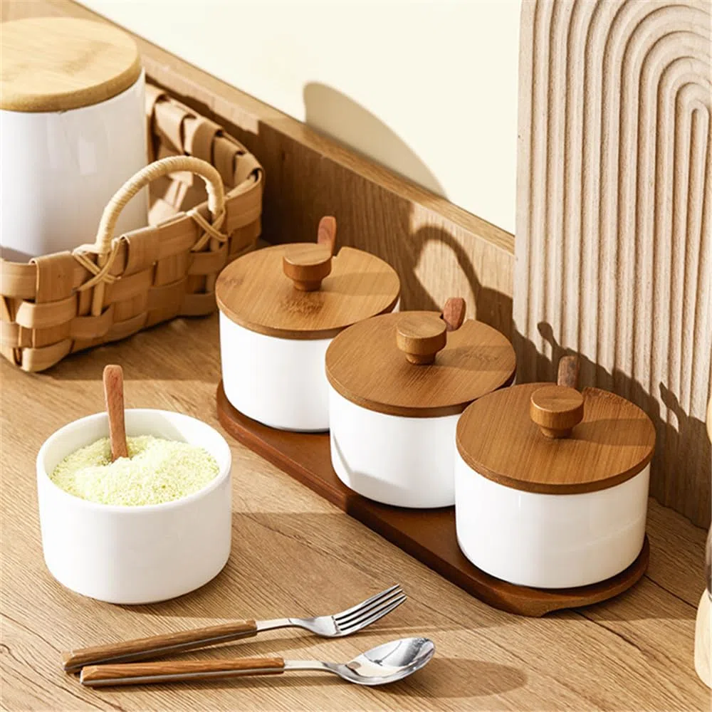 Set di 3 Zuccheriera Porcellana, 220ml Zuccheriera con Coperchio e Cucchiaio, Design Elegante, per Casa e Cucina, Bianco
