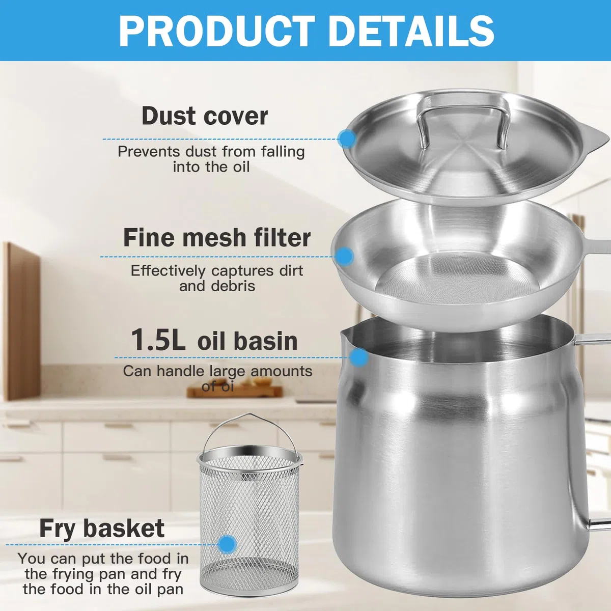 Pentola per friggere 1,5 l, con colino in acciaio inox, contenitore per grasso, cestino per friggere con coperchio antipolvere, contenitore per olio per conservare arrosto e grasso da