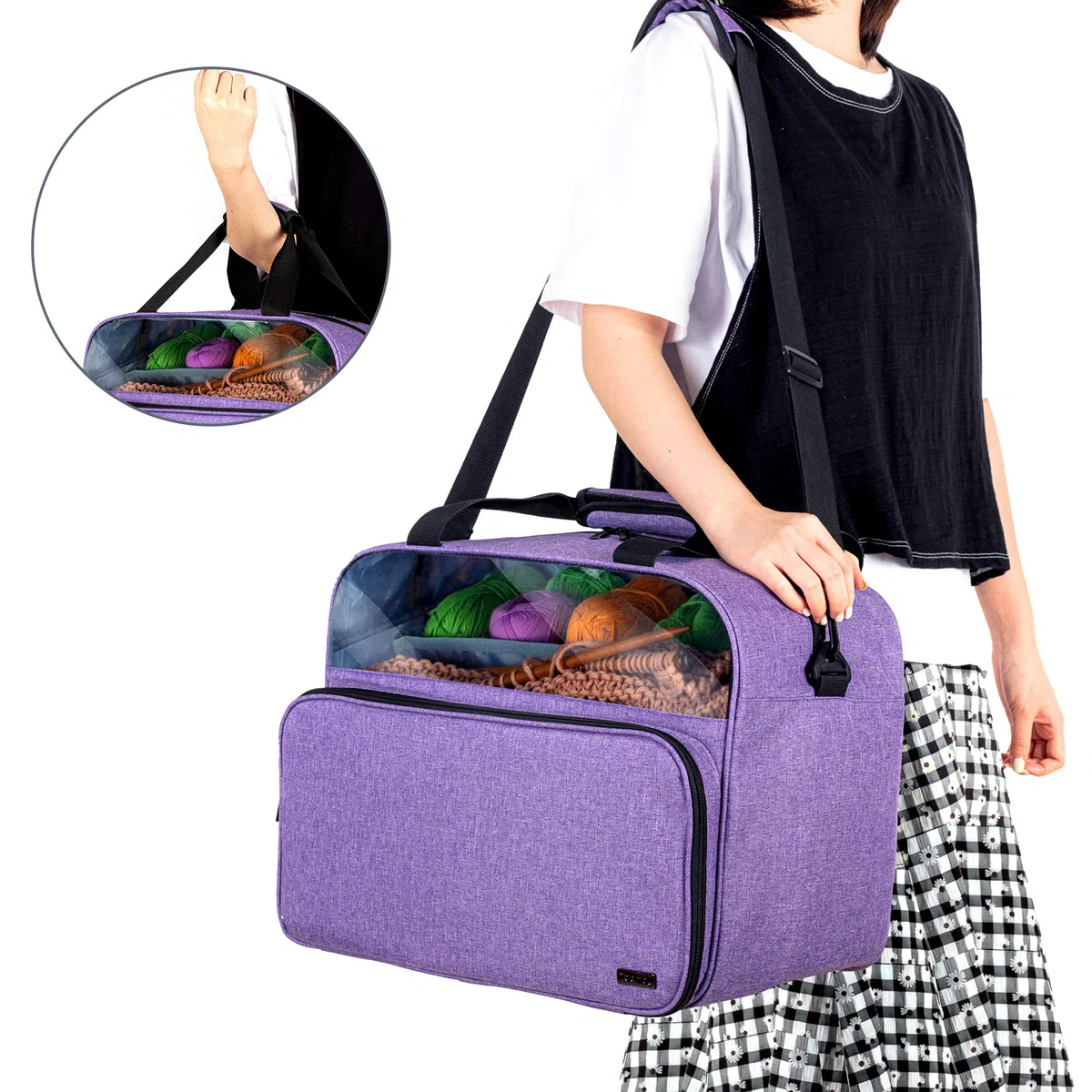 Teamoy Borsa per Lavoro a Maglia, Borsa da Trasporto per Filati, Organizer per Lana Gomitolo, con Tasche per Ferri da Maglia, Uncinetto e Altri Accessori, Viola(Solo Borsa)