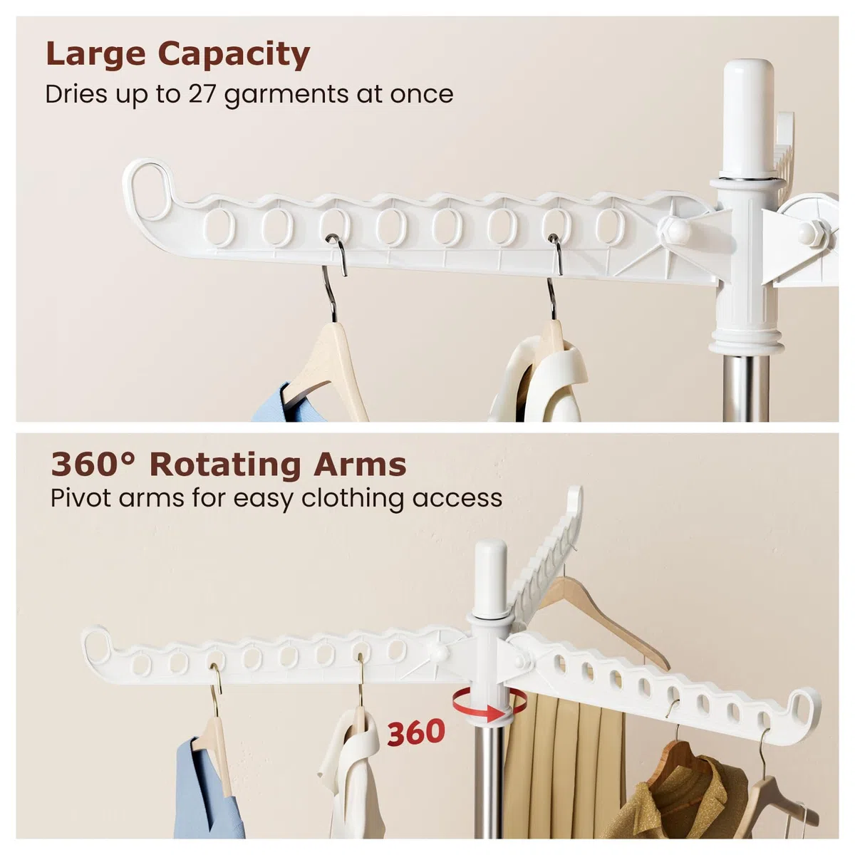 Abiglifty Stendibiancheria con 3 bracci girevoli, per interni, pieghevole, portabiancheria autoportante, altezza 154 cm, bianco