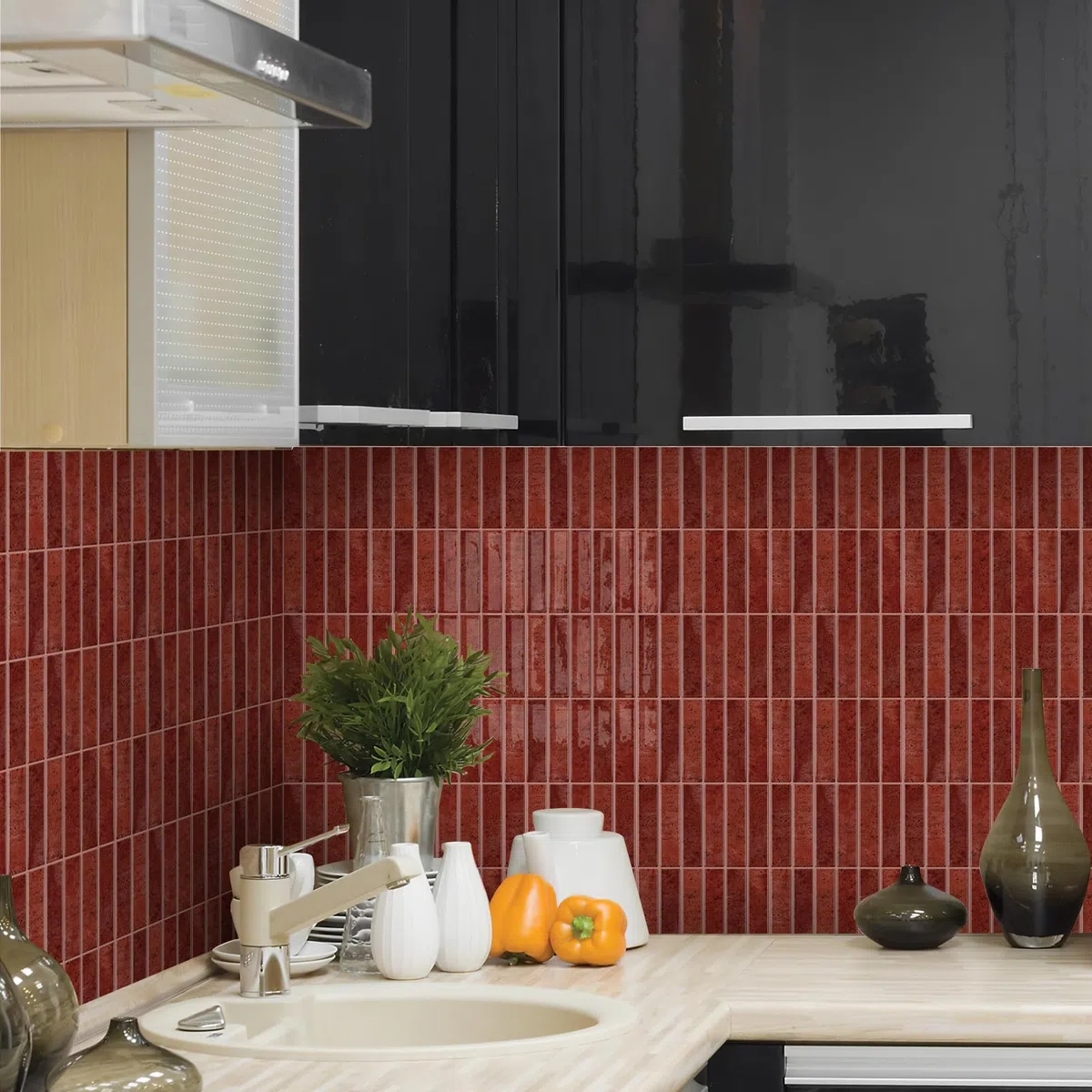 Alwayspon Piastrelle autoadesive da parete, 20 x 25 cm x 10 pezzi, in vinile, stile marmo rosso, piastrelle adesive da parete per cucina e bagno