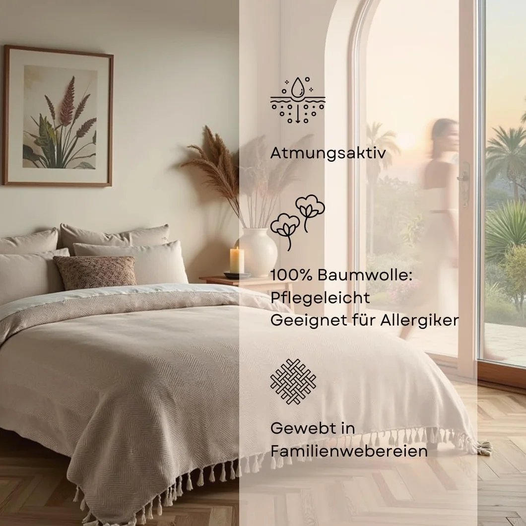 BOHORIA® Copriletto XXL in tulum | 100% cotone | Oeko-Tex® | copriletto double-face con motivo | extra grande 200 x 230 cm (200 x 230 cm, Seppia