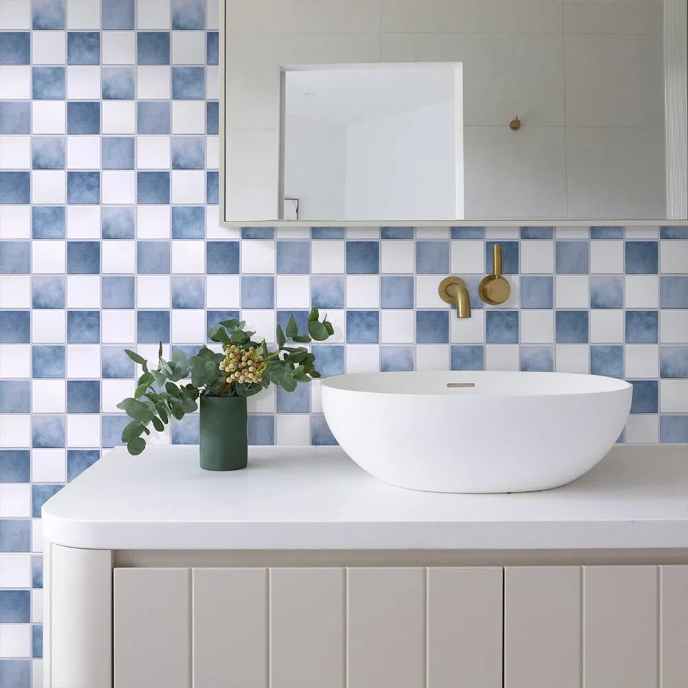 Piastrelle Adesive per Cucina, PVC Blu nebbia e bianco, 10 Pezzi, Adesivi per Piastrelle 3D, Autoadesive per Pareti,Paraschizzi Autoadesivo per Cucina, Bagno, 30 × 30 cm