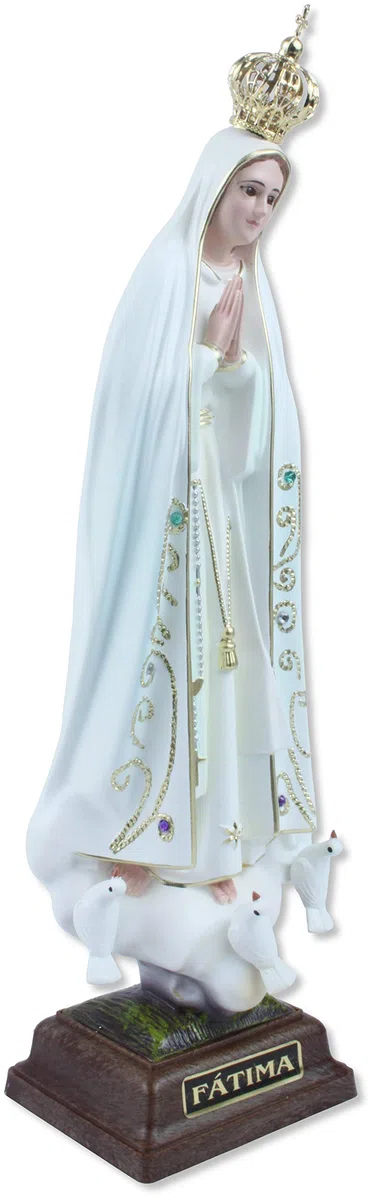 Statua della Madonna di Fatima in resina dipinta a mano con occhi in vetro. Altezza cm 27