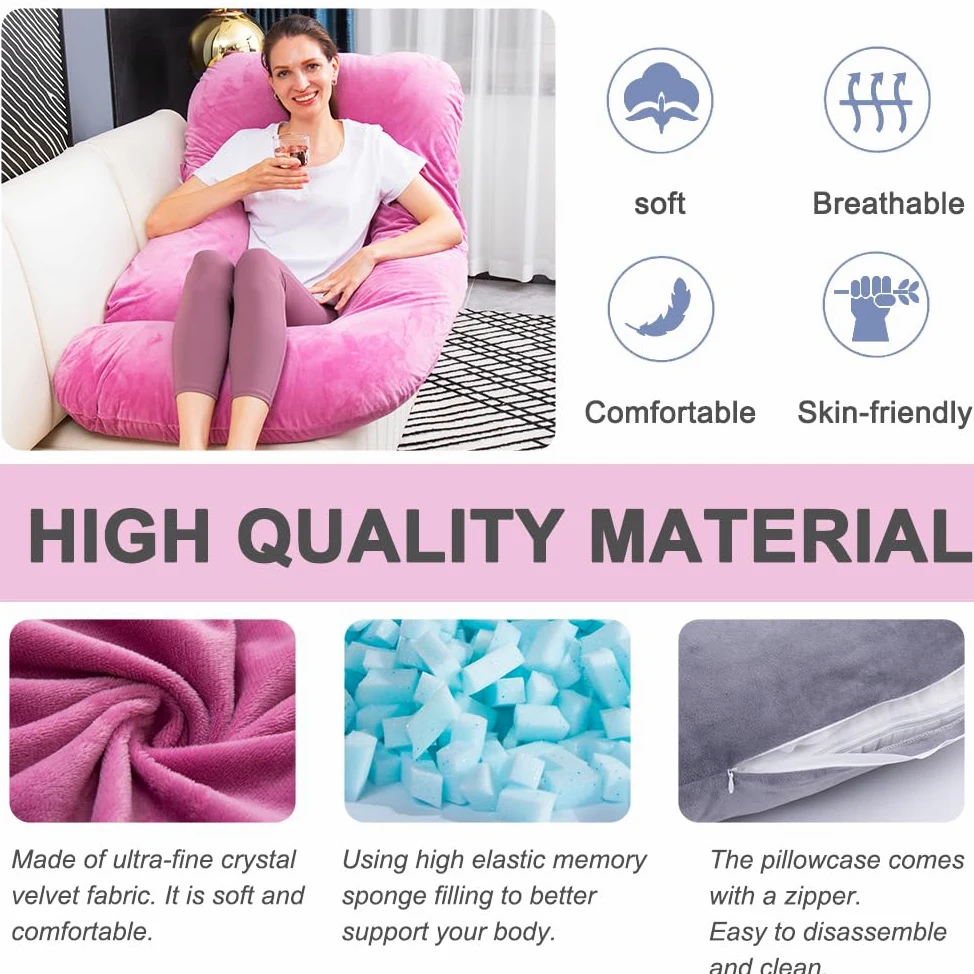 Cuscino gravidanza in memory foam triturato per dormire, cuscino maternità per donne incinte, supporto addominale, corpo intero a forma di U (memory foam, viola chiaro)