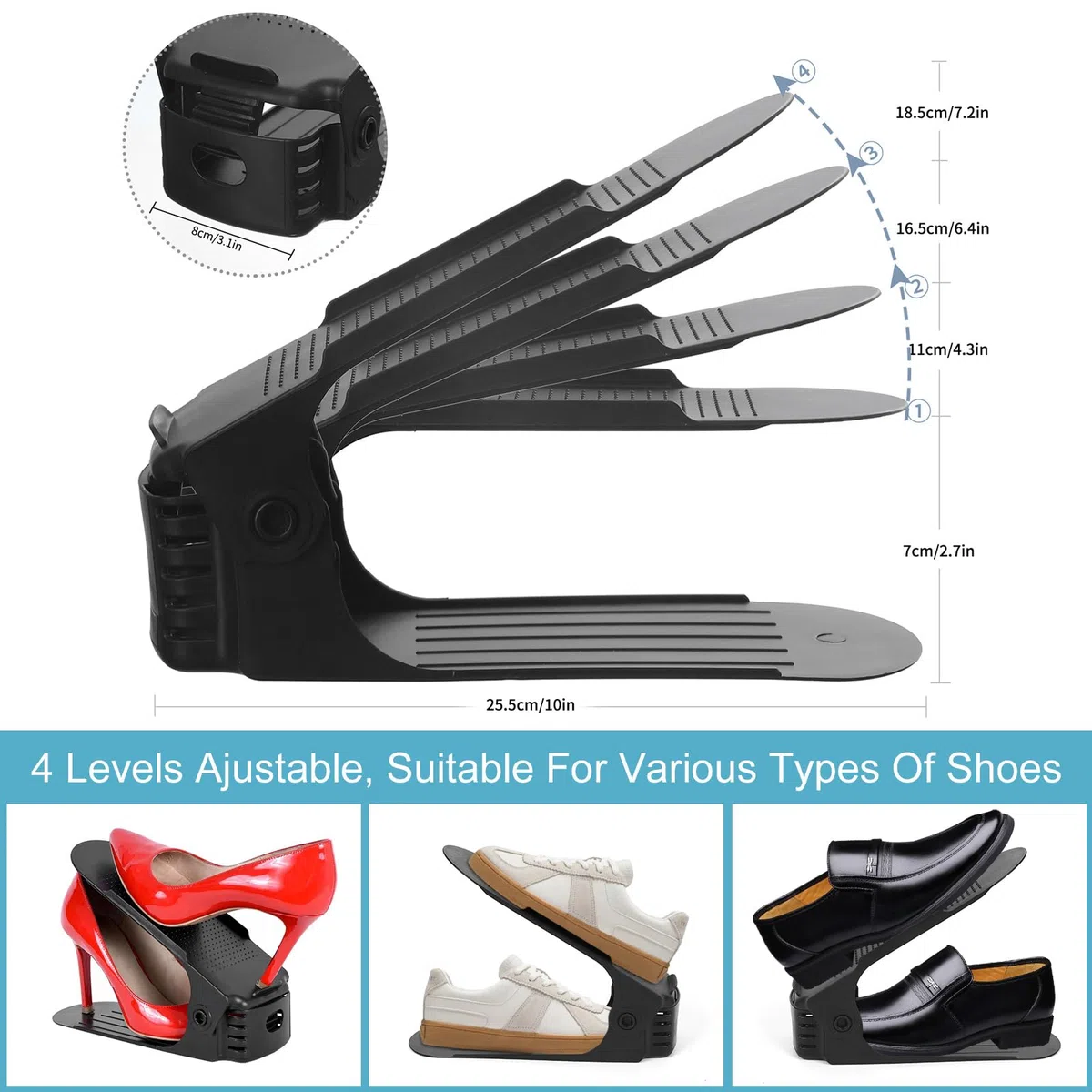 Portascarpe Salvaspazio, 20 Pezzi Porta Scarpe, Organizer Scarpe, Salvaspazio Regolabili da Scarpiera, Antiscivolo Portascarpe Regolaili in Plastica Durevole (Nero)