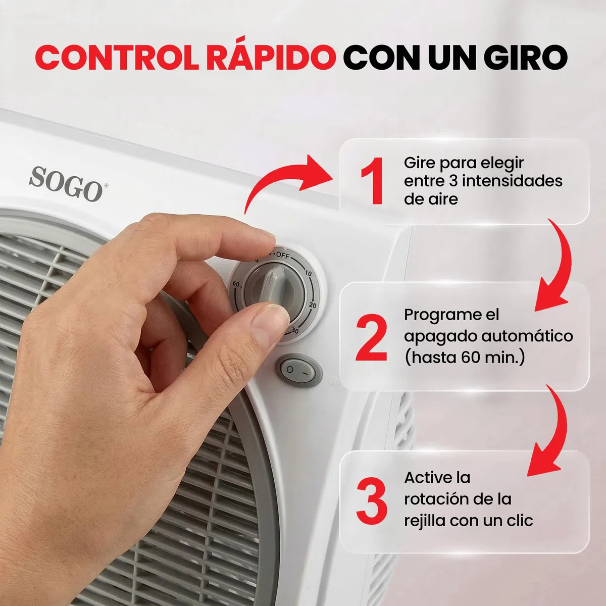 SOGO FanBox - Ventilatore da tavolo o da pavimento, con 3 velocità, basso rumore, timer fino a 1 ora, 5 pale, e griglia diffusore rotante (38 x 40 cm)
