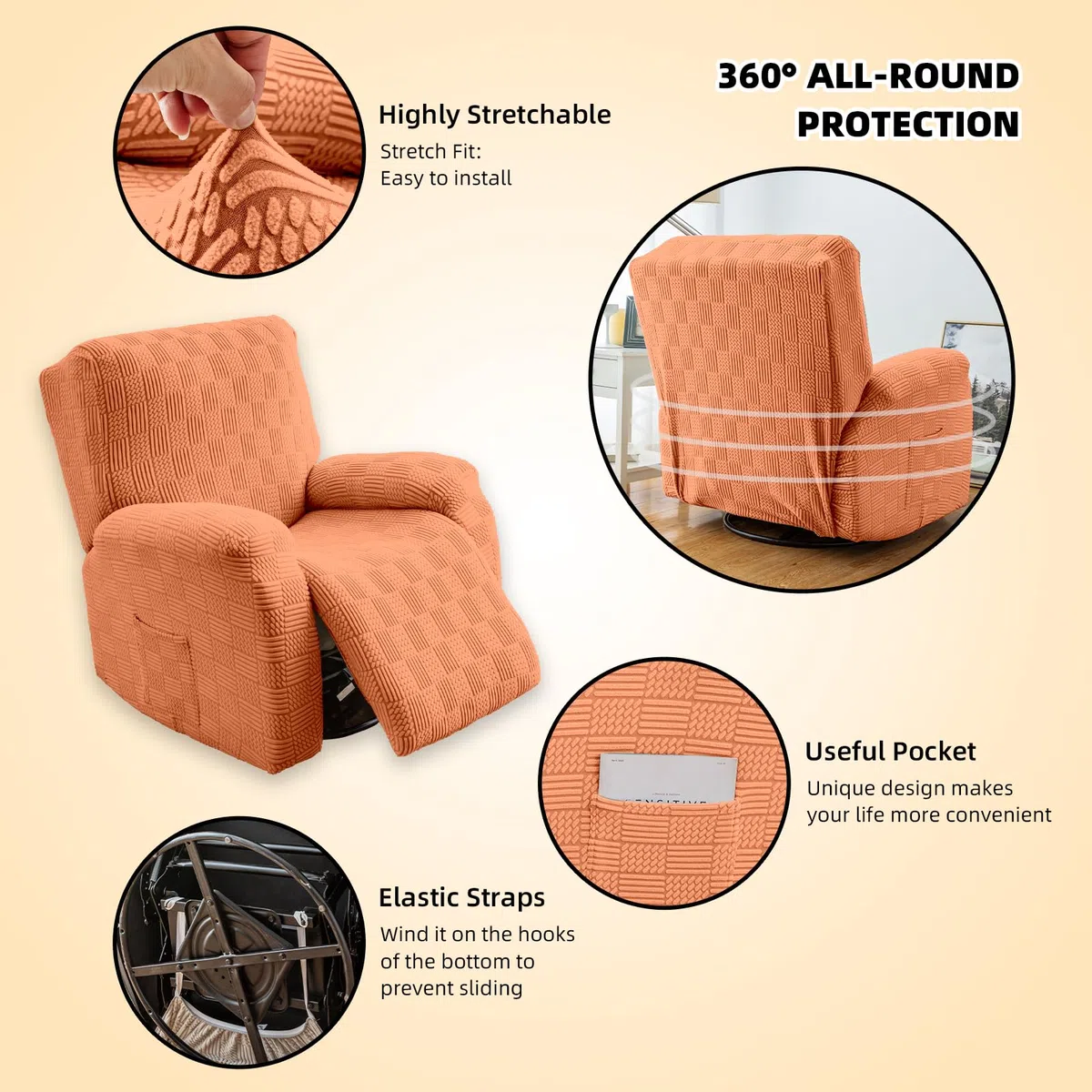 OKYUK - Fodera per Poltrona Relax, Alta Elasticità per Poltrona Relax Reclinabile, Fodera Reclinabile 4 Pezzi con Tasche Laterali, Rimuovibili e Lavabili, Protezione per Poltrona (Arancione a Righe)