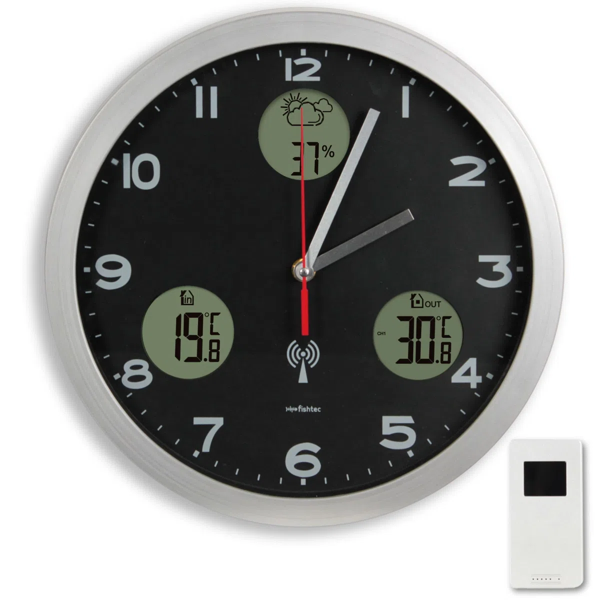 Orologio da Parete Stazione Meteorologica - Visualizzazione digitale : Previsioni + Temperature interna/esterna + Igrometro interno - Radiopilotato - Sensore termometro esterno - Ø 30 cm