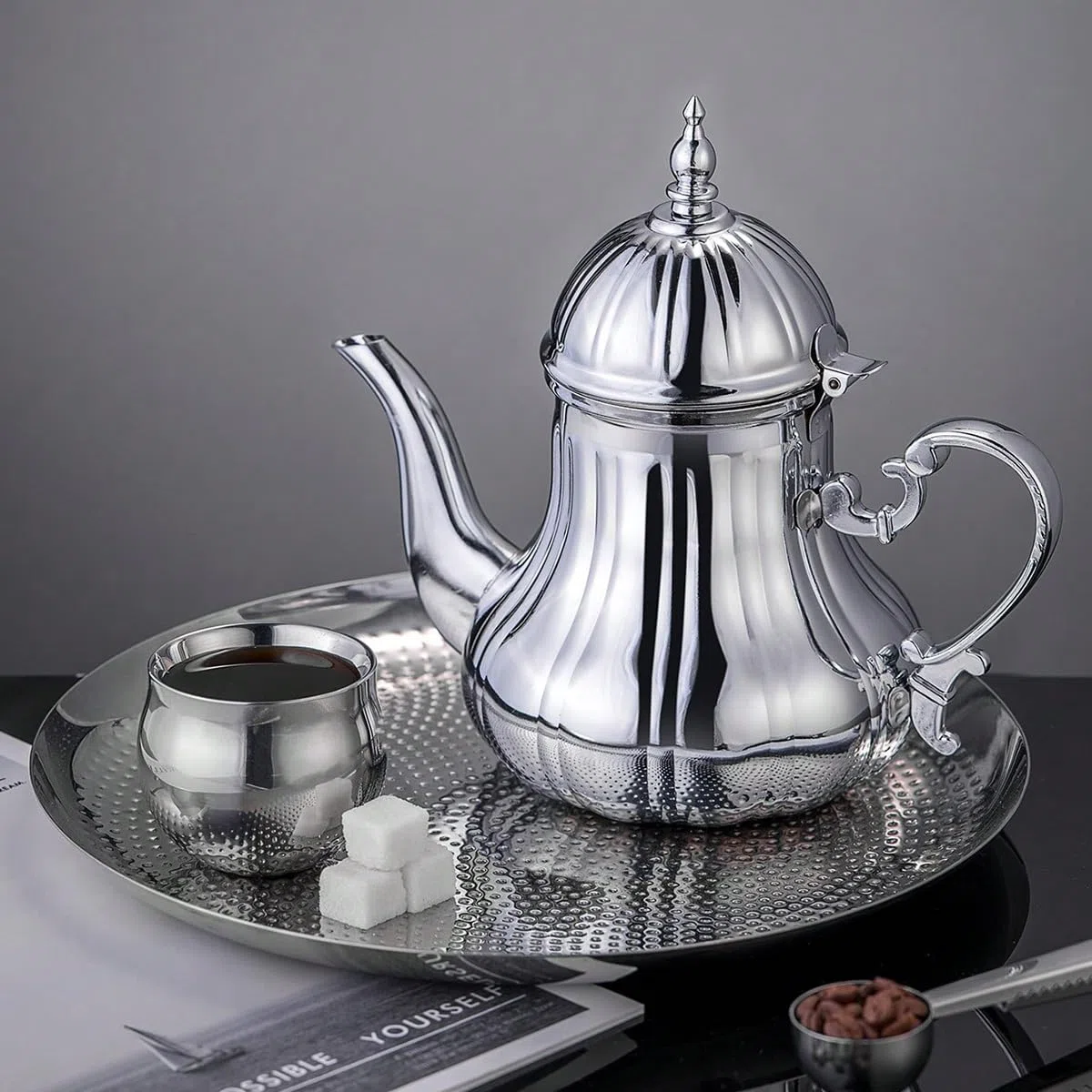 Teiera marocchina 1,4 l, stile arabo, acciaio inossidabile, marocchino, tradizionale, stile religioso Teapot(argento)