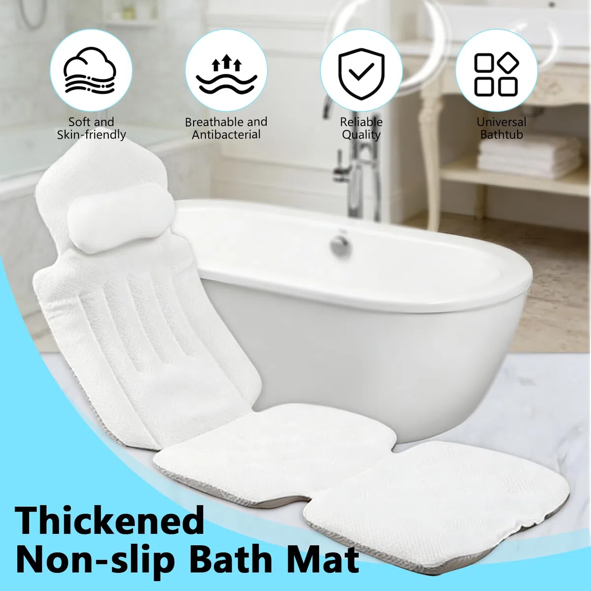 Cuscino per vasca da bagno intero con cuscino cervicale e lombare, tappetino per vasca da bagno con poggiatesta sostiene collo e schiena per il relax quotidiano e alleviare lo stress, bianco