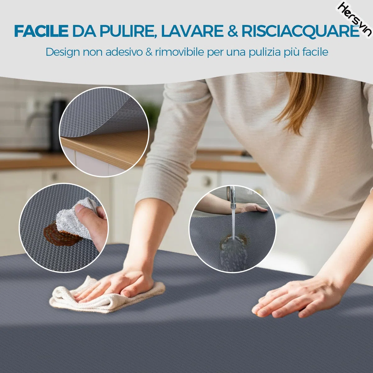 Hersvin Tappetino per Cassetti Cucina, 60cm x 500cm Non-adesivo Rotolo Plastica, Tappetini Salva Mobili, Rivestimento Protezione Ripiani, Proteggi Superficie (Grigio Scuro/Puntino)