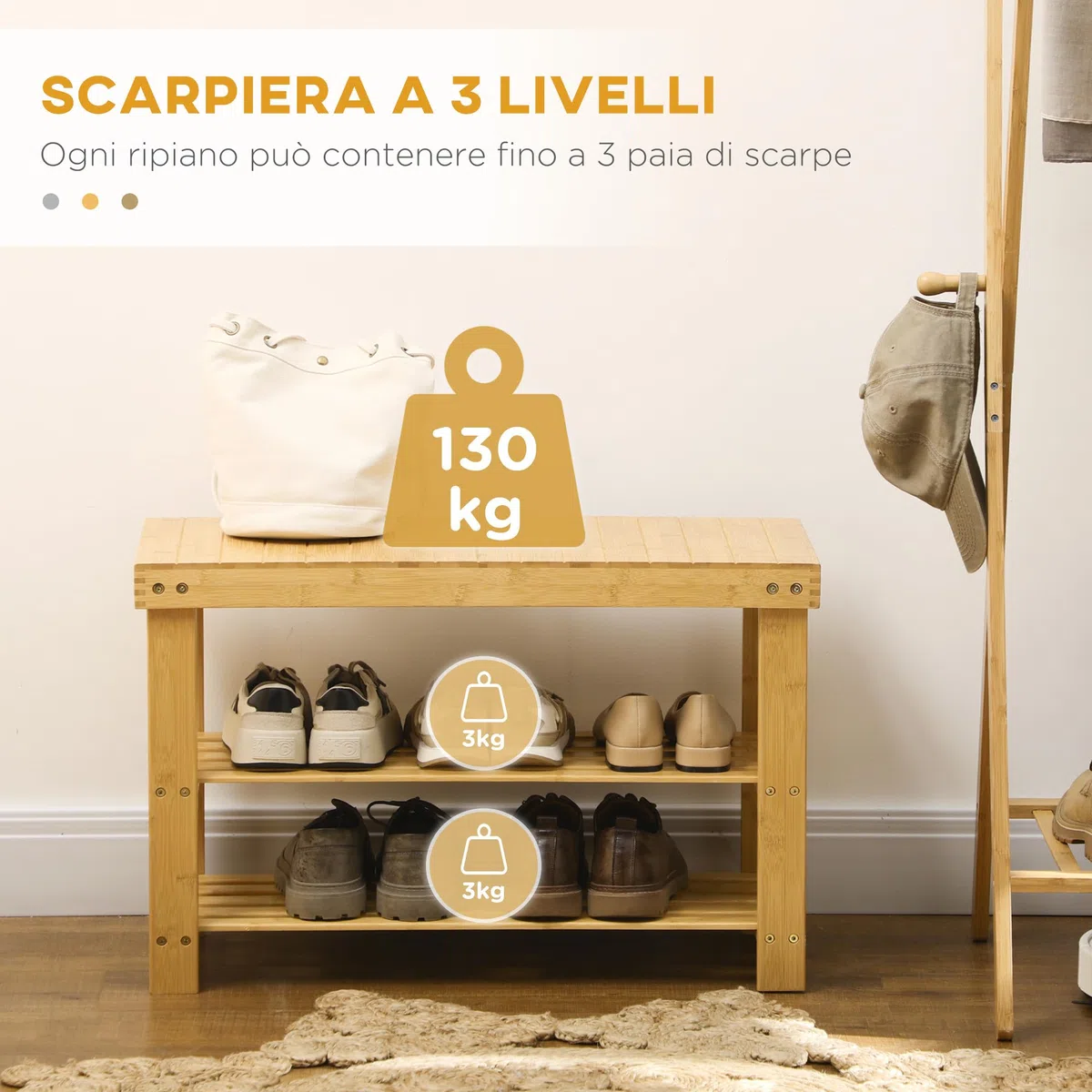 HOMCOM Panca Scarpiera da Ingresso a 3 Livelli in Bambù, Scarpiera con Seduta per 6 Paia di Scarpe, Scaffale per Scarpe a Doghe, Portaoggetti, per Ingresso, Soggiorno, Corridoio, 70x28x45 cm, Naturale
