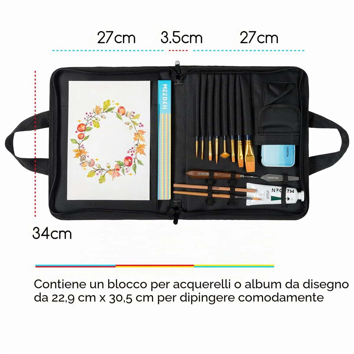 MEEDEN Art Portfolio Sketch Bag: custodia portatile per artisti, per album da disegno e acquerelli da 22,9 x 30,5 cm, con cerniera, per pennelli e penne, accessori artistici su tela, Nero, Forniture