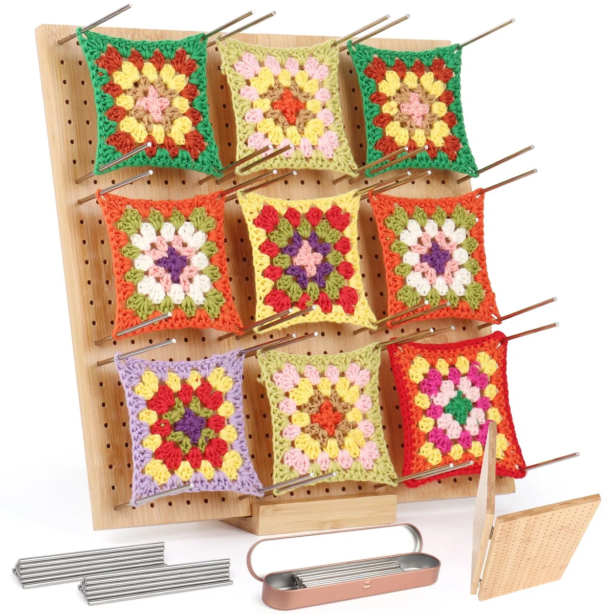 Coopay Granny Square Tenditore grande, 33 x 33 cm, con 30 perni in acciaio inox, pieghevole, in bambù, per lavori a maglia e all'uncinetto, 33 cm