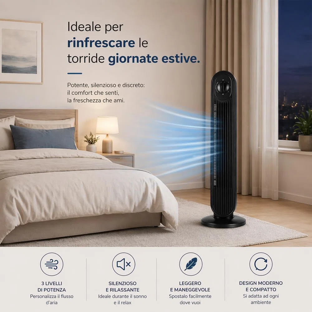 BAKAJI Ventilatore a Torre Potenza 60W, Raffrescatore Verticale da Pavimento Bianco Salvaspazio Altezza 79 cm, Flusso d'Aria Continuo e Pannello di Controllo Ideale per Casa e Ufficio
