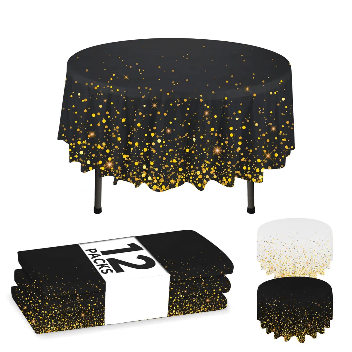 NORZEE 12-Pack Black Disposable Tablecloths, 84" Round Table Cover, Plastic Table Cloth With Gold CONFETY