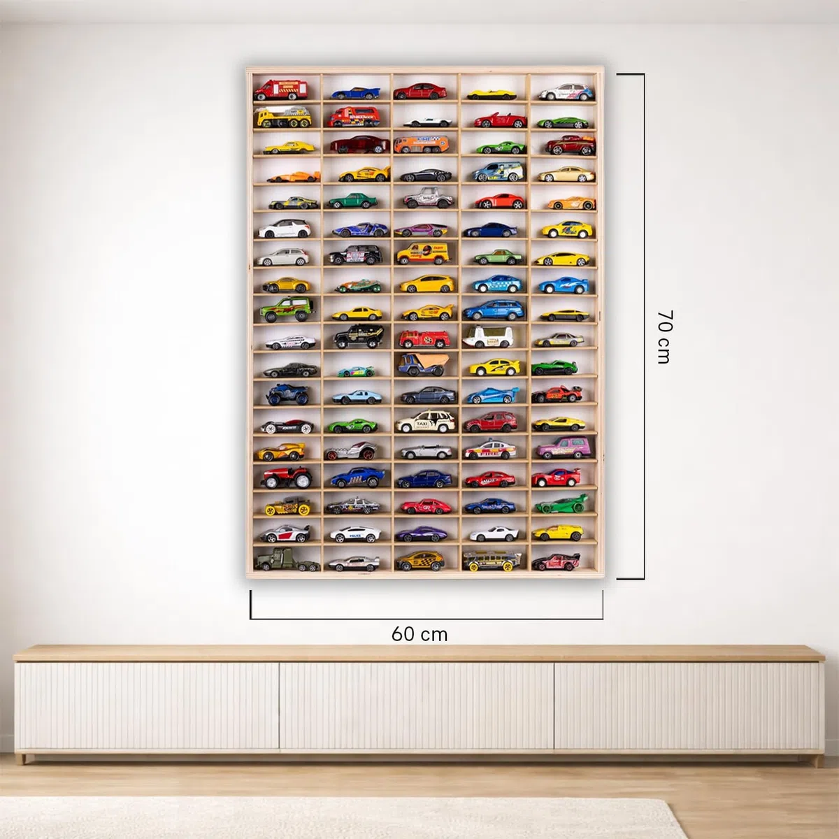 Vetrina Espositiva per Collezionismo con 90 Scomparti | Vetrinetta da Parete 50cm x 71cm x 4cm per Hot Wheels o Matchbox | Bacheca da Parete Portaoggetti (Mensola senza Motivo)