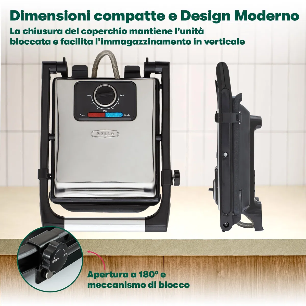 bella Pressa per Panini, Tostapane e Griglia Elettrica da Interno con Piastre Doppie Antiaderenti, Coperchio Regolabile in Altezza e Vassoio di Raccoglimento Rimovibile, Acciaio Inossidabile