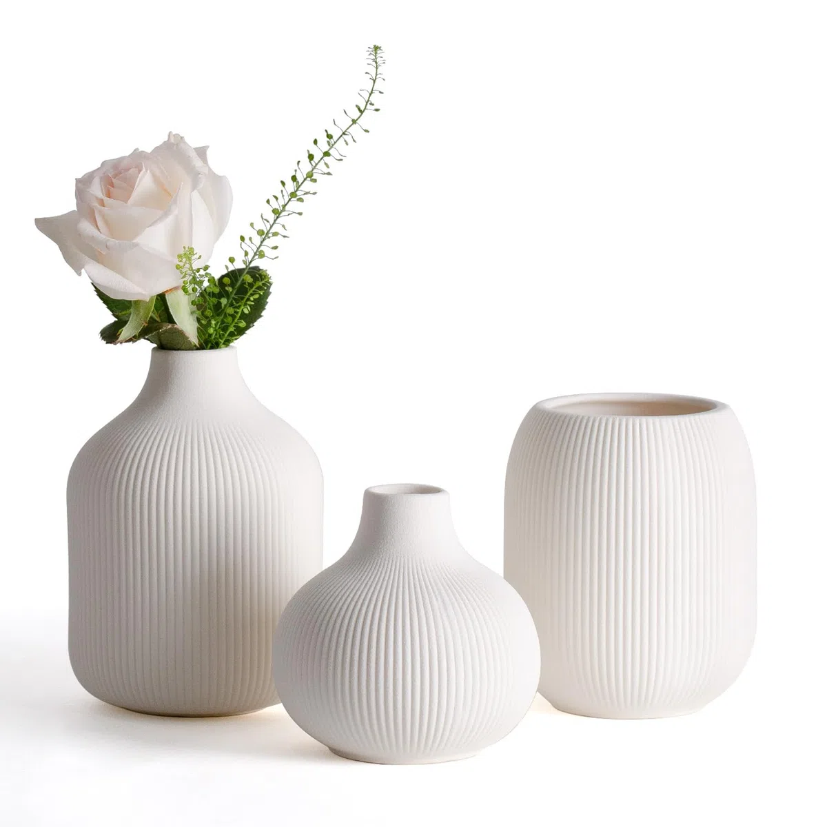 Dnnnii Set di 3 vasi moderni in ceramica bianca di Rib Texture, perfetti per decorazioni per la casa neutre e di transizione, collezione di vasi decorativi minimalisti, piccoli vasi in ceramica per un