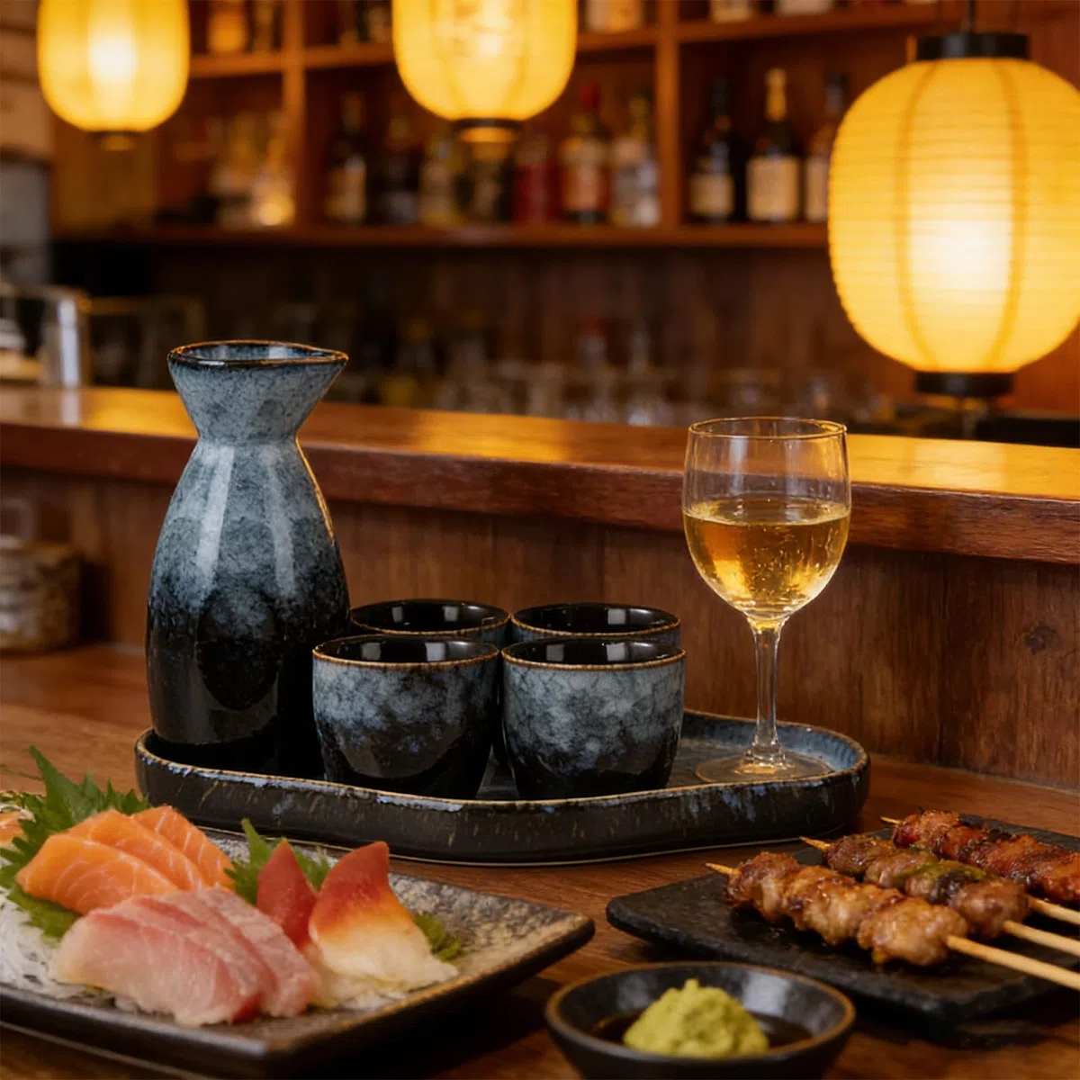 Set di sake giapponesi in ceramica, 6 pezzi. Set tradizionale giapponese sake con 4 bicchieri da sake da 35 ml, 1 pentola per sake da 175 ml, 1 vassoio, smalto invecchiato al forno, in porcellana, per