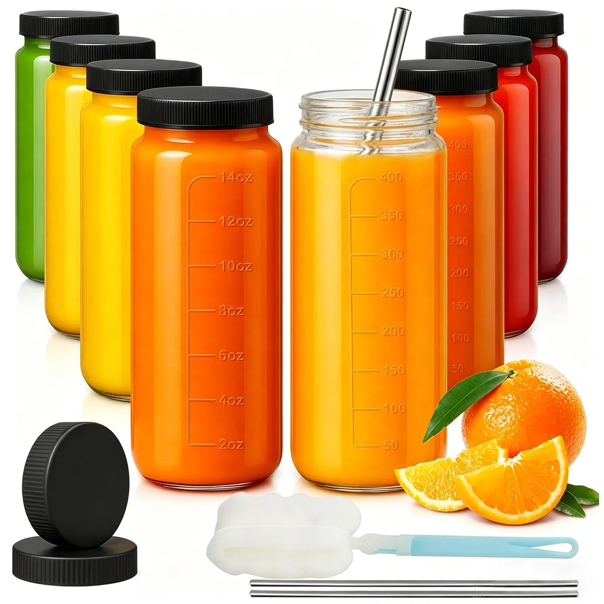 OAMCEG Set di 8 bottiglie in vetro da 500 ml, con coperchi, cannucce, per frullati da 16 oz, riutilizzabili, in vetro da riempire, lavabili in lavastoviglie, resistenti al frigorifero, per