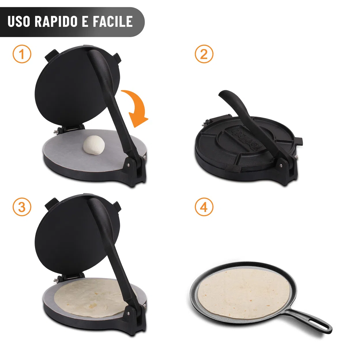Tortillada - Pressa per Tortillas in Ghisa 20 cm – Tortilla Maker per Tacos, Wrap e Pane Piatto – con E-Book e 100 Fogli Carta Forno – Pressa Resistente