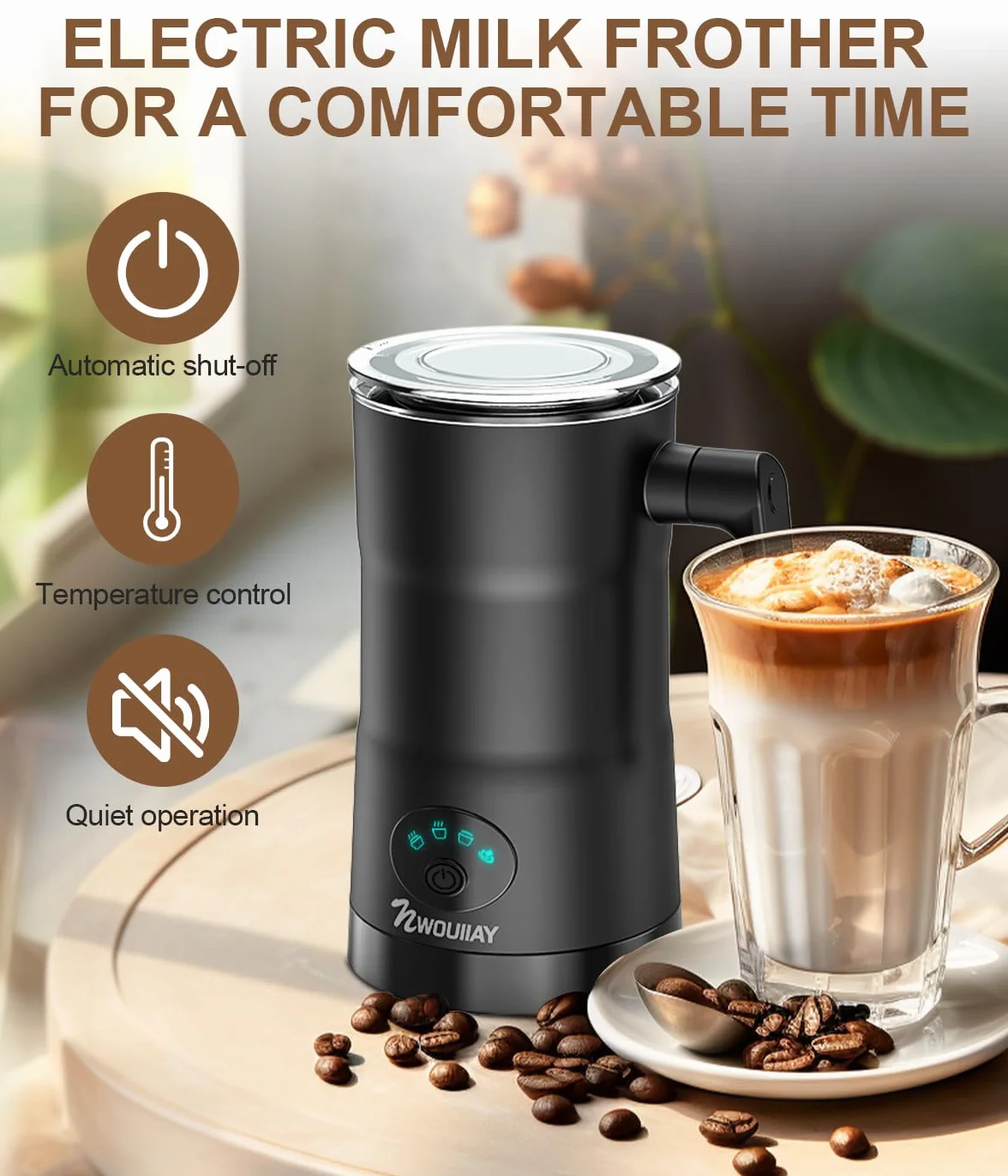 Montalatte Elettrico 600W 350ML 4 IN 1 Cappuccinatore Elettrico Macchina per Schiuma Automatico Latte Calda Fredda Montalatte per Cappuccino Macchiato Caffè Latte e Cioccolata Calda