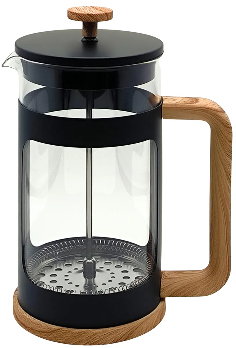 French Press da 1 Litro, Caffettiera a Stantuffo in Vetro Resistente al Calore, Filtro in Acciaio Inox, Manico con Finitura Effetto Legno, per 4 Tazze