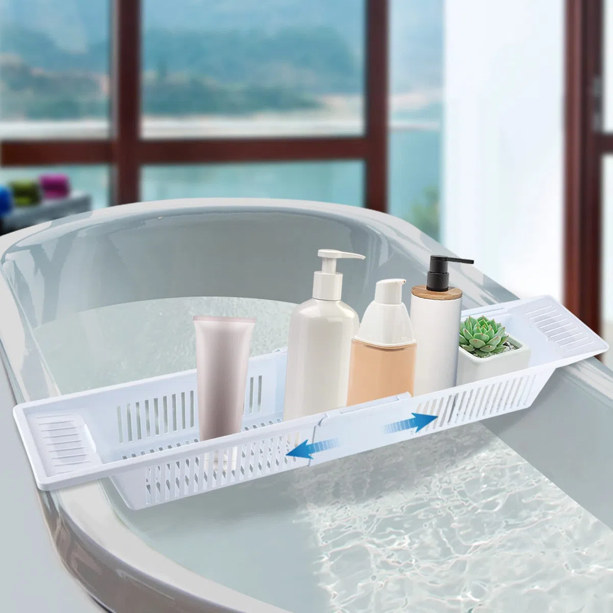 Vasca da bagno retrattile, colore bianco, in PP, regolabile 57 – 80 cm, vassoio da bagno per vasca e lavello della cucina, per articoli da toeletta e stoviglie