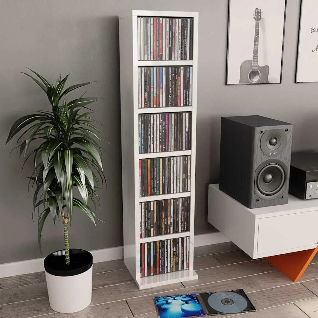 vidaXL Armadio a Mensola per CD, Mobile di immagazzinaggio per Ufficio Casa, Bianco Lucido, 21x20x88 cm, stoccaggio, in Legno di Ingegneria