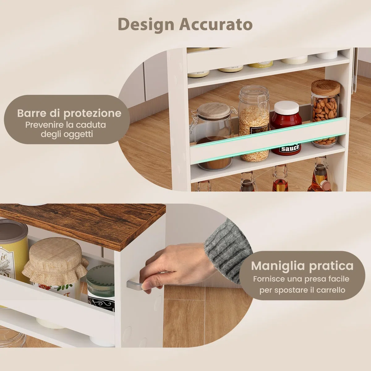 COSTWAY Carrello Portaoggetti a 4 Ripiani, Carrello da Cucina con Maniglia Laterale e Ruote, Carrellino Scorrevole Salvaspazio Slim e Sottile (Marrone+Bianco, 13 cm)