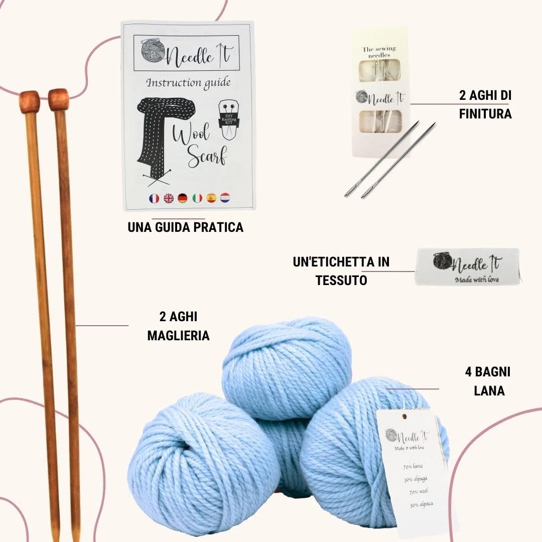 Kit completo per principianti con ferri da maglia – Sciarpa in lana per maglieria - Idea regalo (Blu Cielo)