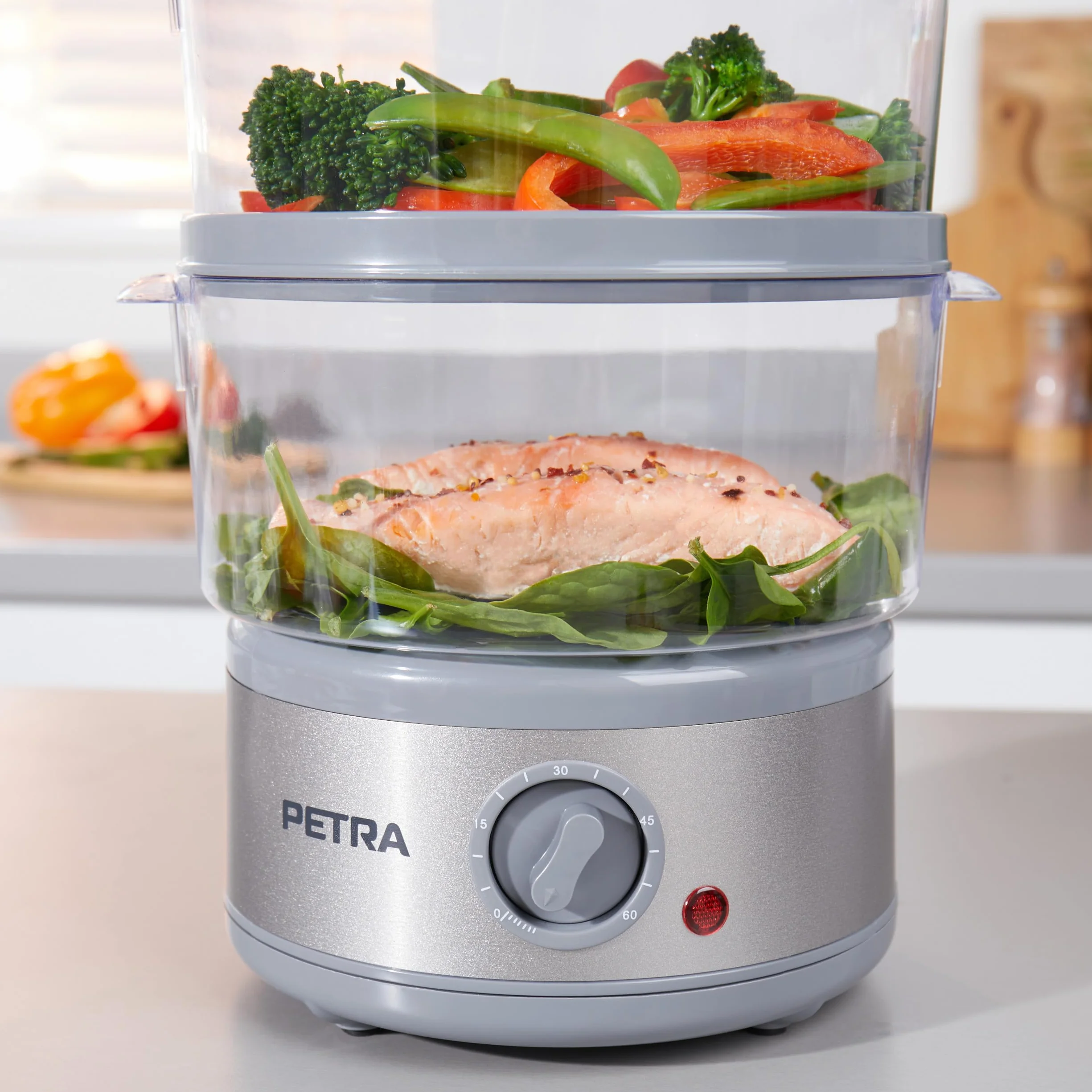 Petra PT2726ZV2HEVDE - Vaporiera elettrica a 3 livelli, 7,5 l, cestelli e contenitore per riso senza BPA, design compatto, timer da 60 minuti, 500 W, ciotole rimovibili, per carne e verdura