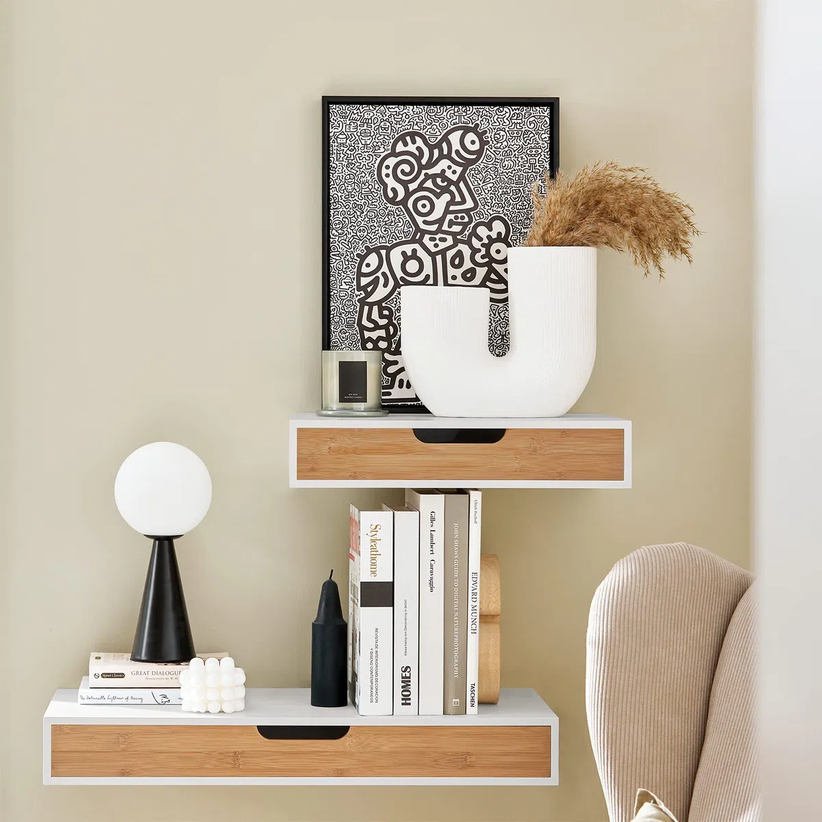 SoBuy Mensola a Parete con Cassetto - Mensola Galleggiante Moderna per Ingresso, Soggiorno & Camera - Bianco & Naturale 40x24x8cm FRG92-WN