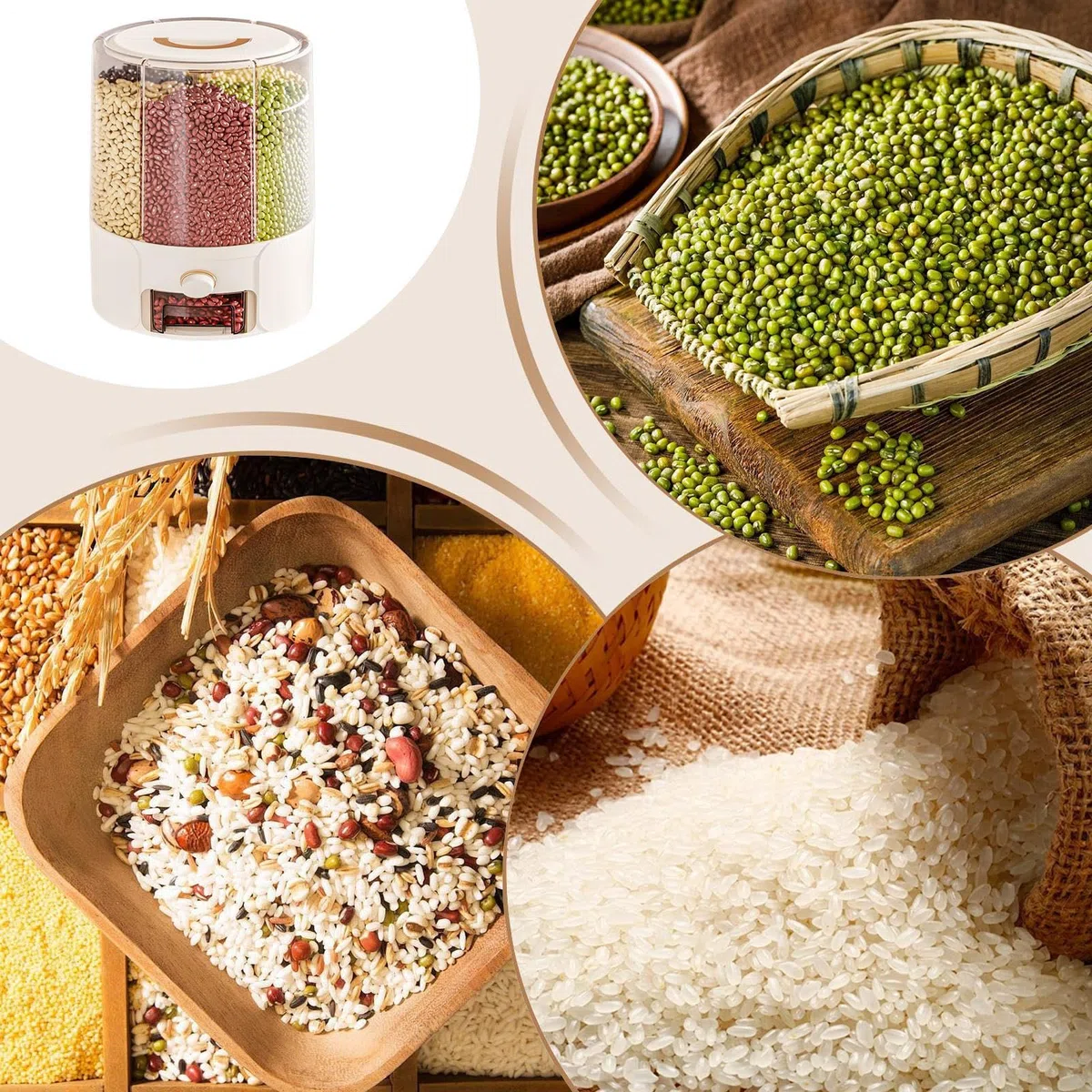 Contenitore per riso, contenitore per alimenti secchi, barile rotante ermetico con scomparti per cereali, fagioli, avena, semi, dolcetti, anti-moscerino, anti-umidità, per dispensa, cucina