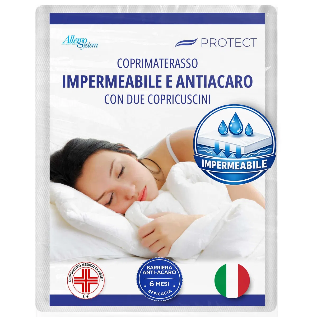 Allergosystem Set Coprimaterasso Matrimoniale Impermeabile Antiacaro con Cerniera 160x190x20cm e 2 Copricuscino Impermeabile Anallergico 50x80cm - Dispositivo Medico MADE IN ITALY - Linea Protect