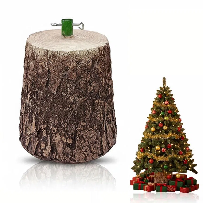 Base per Albero di Natale in Resina, Supporto Albero Effetto Tronco Reale, Base Robusta e Stabile con Attacco Universale 35 mm, Altezza 34 cm, Ideale per Alberi Artificiali 32x26x34 cm