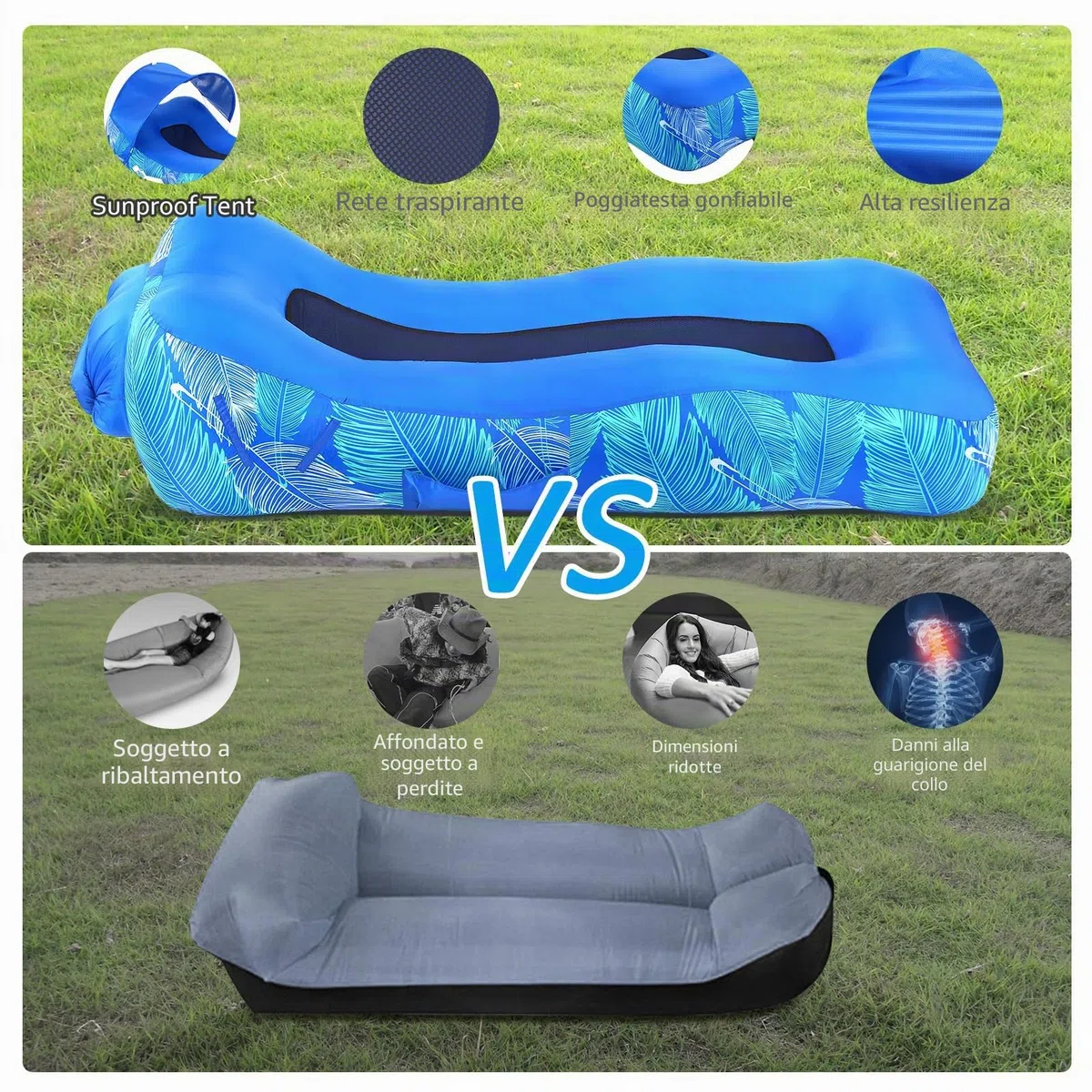 Divano gonfiabile ad aria con design unico, lettino da spiaggia gonfiabile con cuscino, impermeabile, sedia da campeggio, amaca per escursioni, cortile, viaggi, spiaggia, parco, picnic (blu)