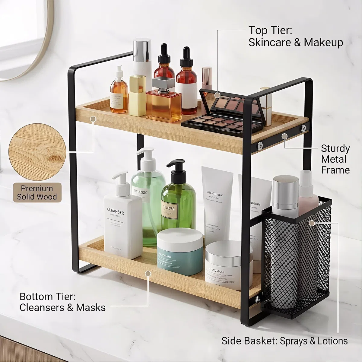 LEMIKKLE Organizer per il piano di lavoro del bagno, vassoio per profumo e organizer per cosmetici, organizer per la cura della pelle con cestino, organizer per bagno, cucina, comò, WOOD RACK-01
