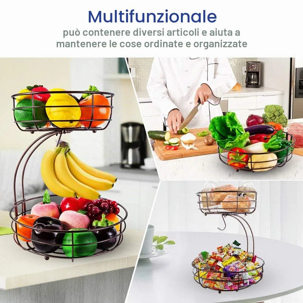 Cestino per Frutta a 2 Ripiani Con Porta Banana, per Verdura, in Metallo, per Tutti i Giorni, per la Cucina, in Bronzo