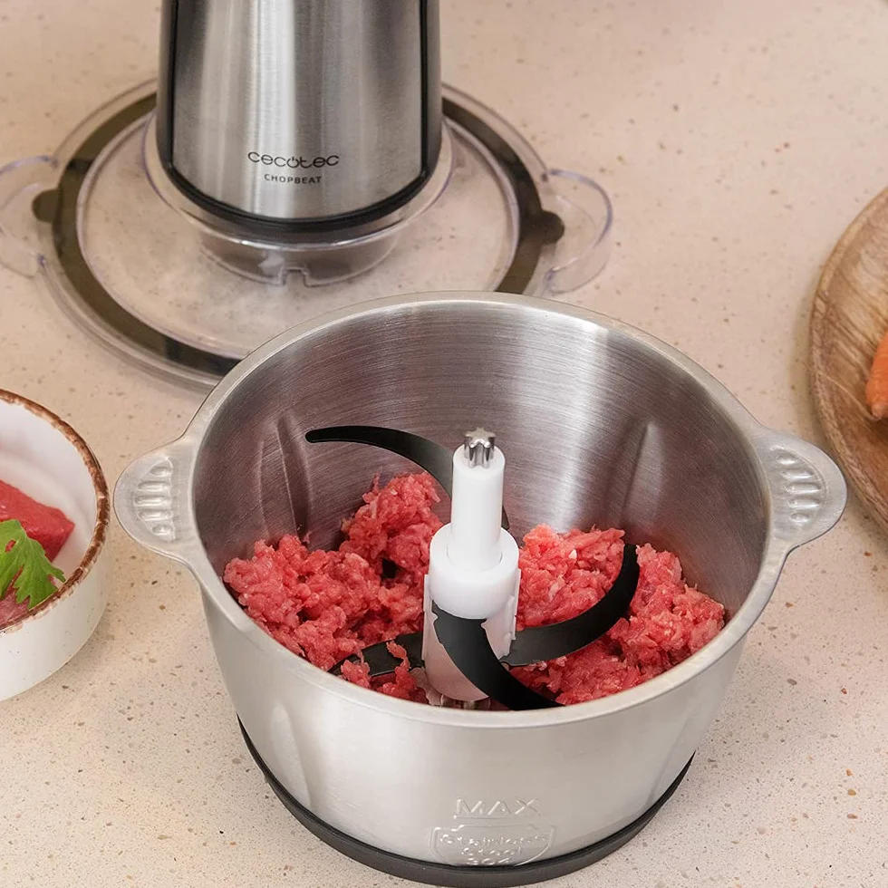 Cecotec Tritatutto ChopBeat 2000 Vindaloo Glass, 500W di Potenza, Tritura, Taglia e Affetta, Lama con 4 Lame in Acciaio Inossidabile, 2 Velocità, Ciotola in Vetro da 500g