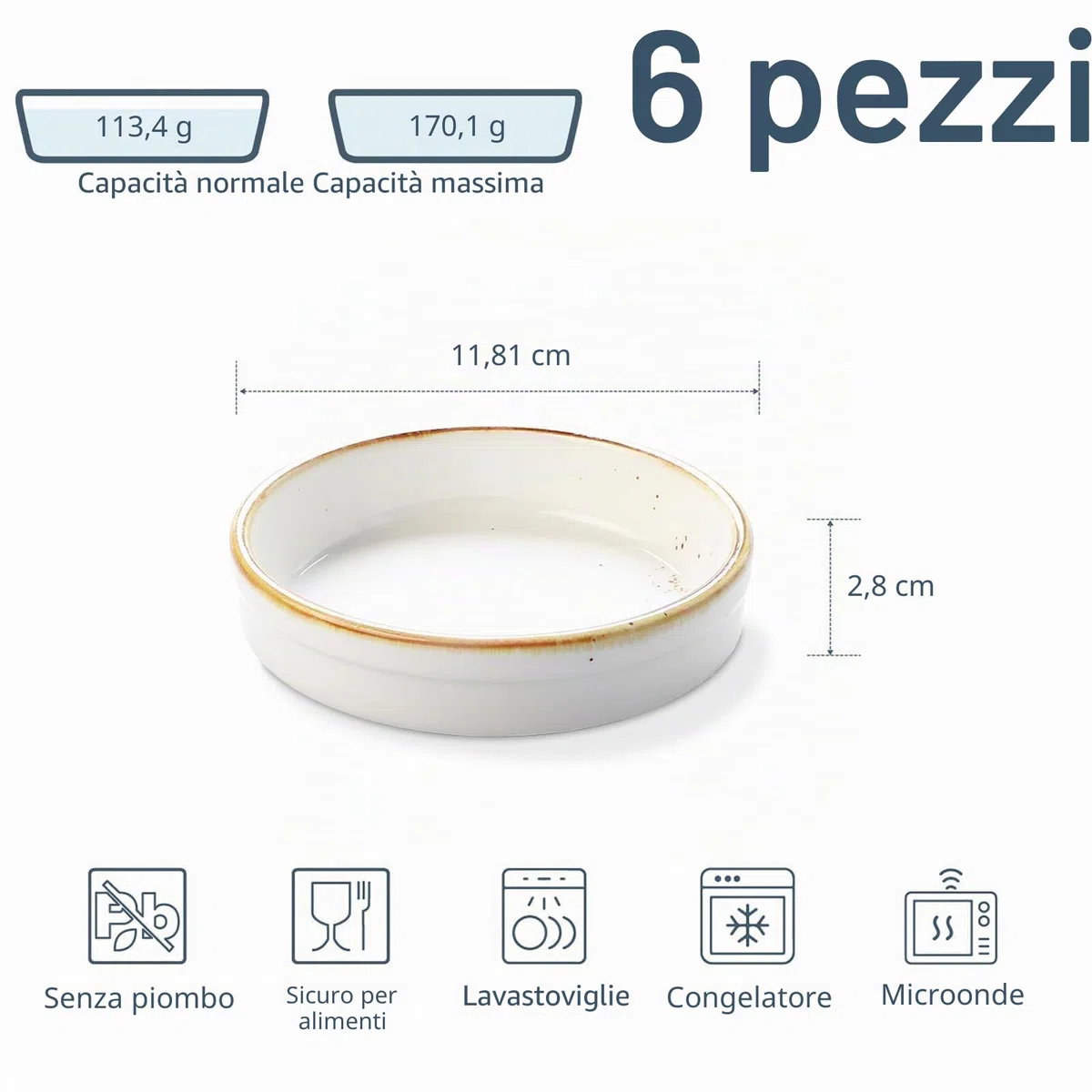 ONEMORE 6 Pirottini da Forno, 11,4 cm, 118 ml Stampo per dolci rotondi in porcellana, Mini stampi per soufflé, Rameins per Creme Brulee, Muffins Quiches, Torte