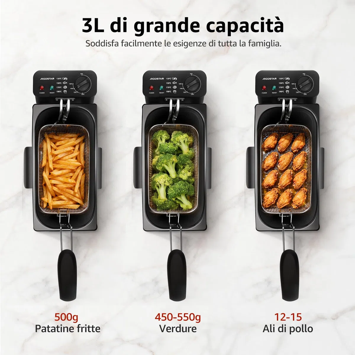 Aigostar Friggitrice 2200Watts, Capacità 3 Litri con Finestra, Controllo di Temperatura, Ciotola d'Olio Removibile