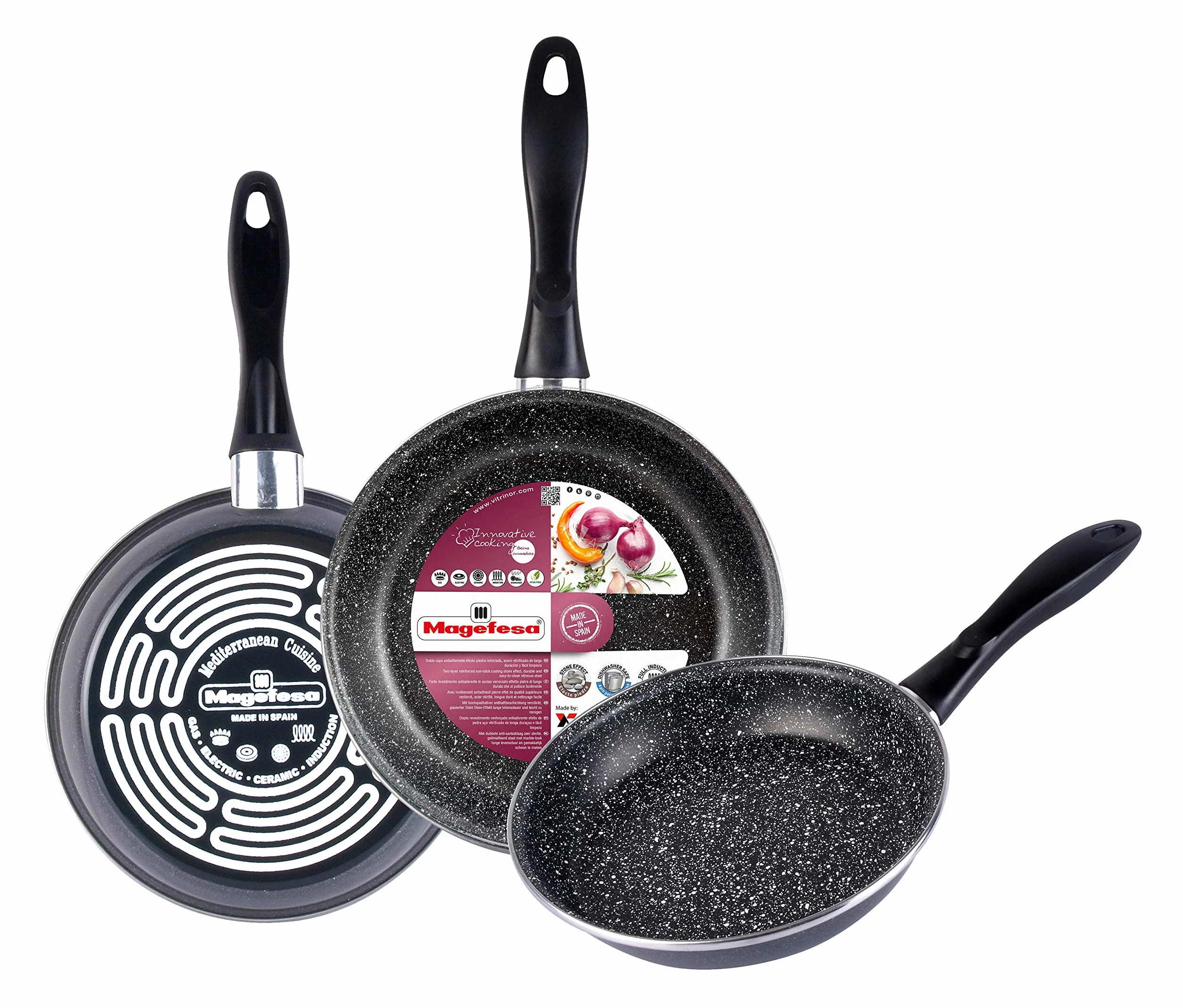 MAGEFESA K2 Gransasso Set di 3 padelle (18/20/24) cm in acciaio vetrificato, esterno grigio screziato. Antiaderente a due strati rinforzato con effetto pietra, adatto a tutti i tipi di piani cottura