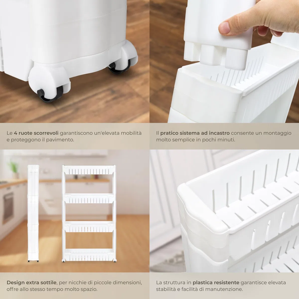 tectake® Carrello da Cucina Slim 54x12x101cm, Mobiletto Salvaspazio Multiuso con 4 Ripiani, Carrello con Ruote, Mobile Cucina Porta Detersivi Salvaspazio, Portaoggetti Bagno, Ripostiglio - Bianco