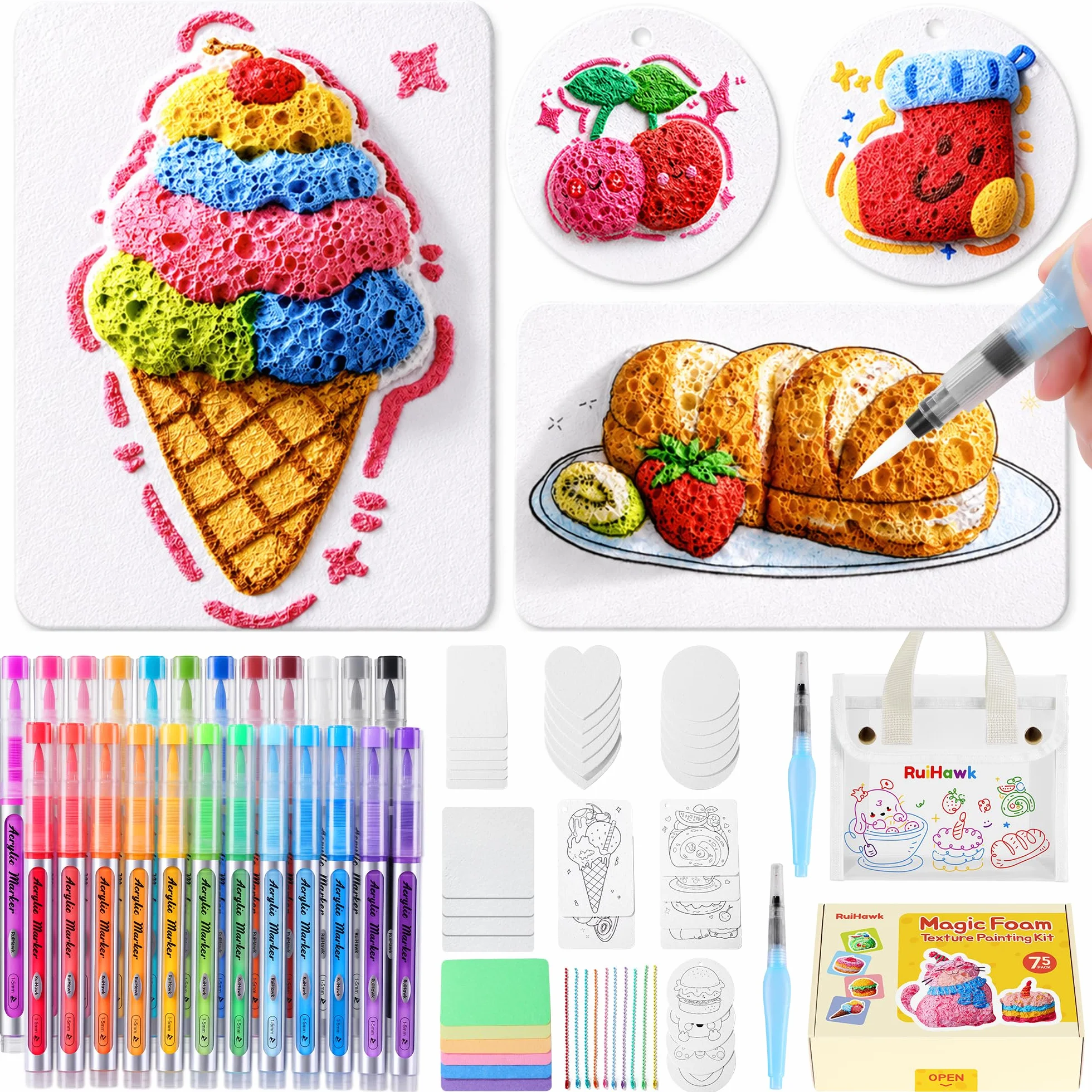 RuiHawk Kit di Pittura a Texture Schiuma 3D Magica da 75 Pezzi – Crea con Puffy Paint e 24 Pennarelli Auto-Flow, 38 Fogli Texture e Perline, Kit Creativo e Regalo per Bambini 5, 6, 7, 8, 9 Anni
