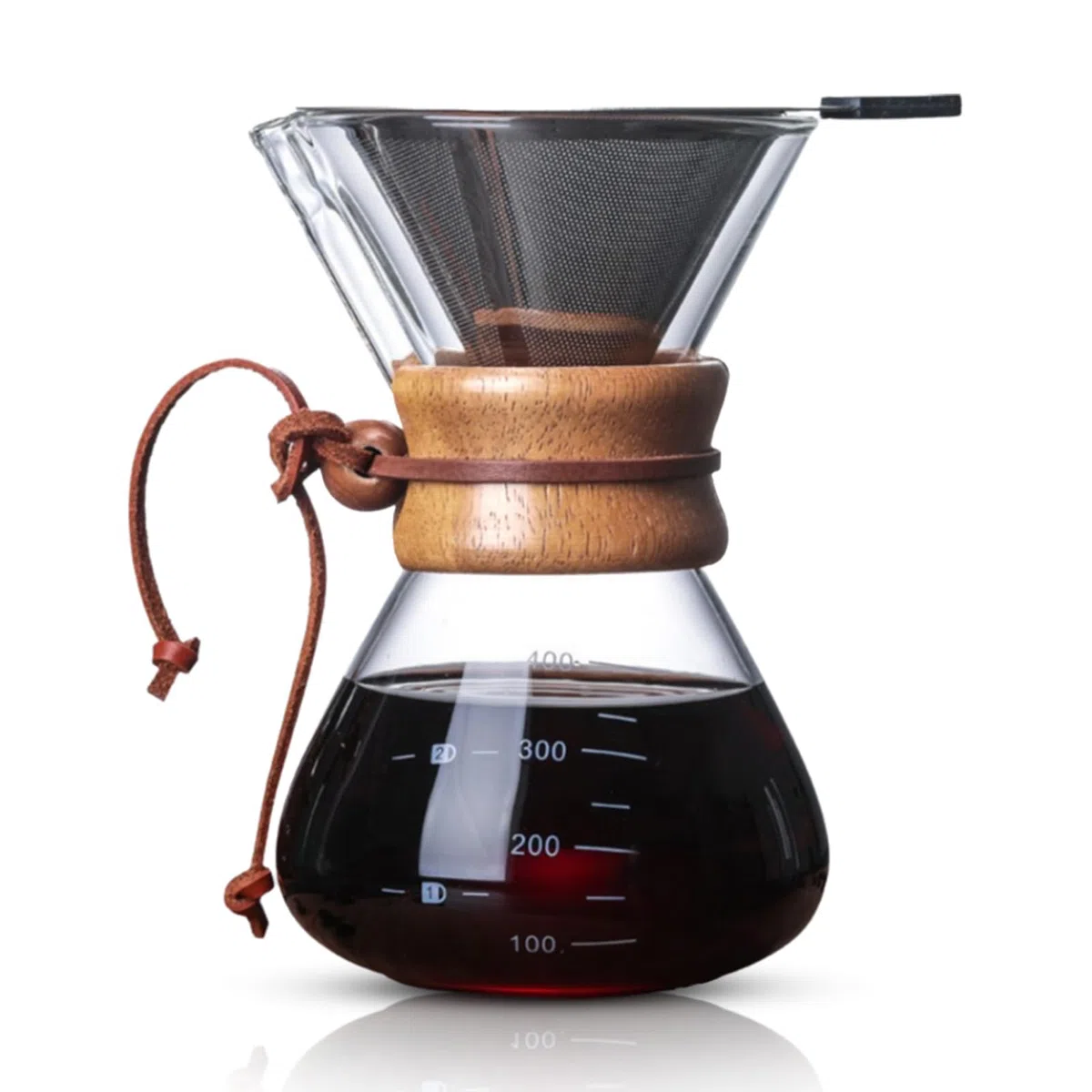 HERCHR Caffettiera Pour Over 400ml con Filtro in Acciaio Inossidabile 304 e Collare in Legno, Caraffa per caffè in vetro borosilicato con collare in legno per 1-2 tazze